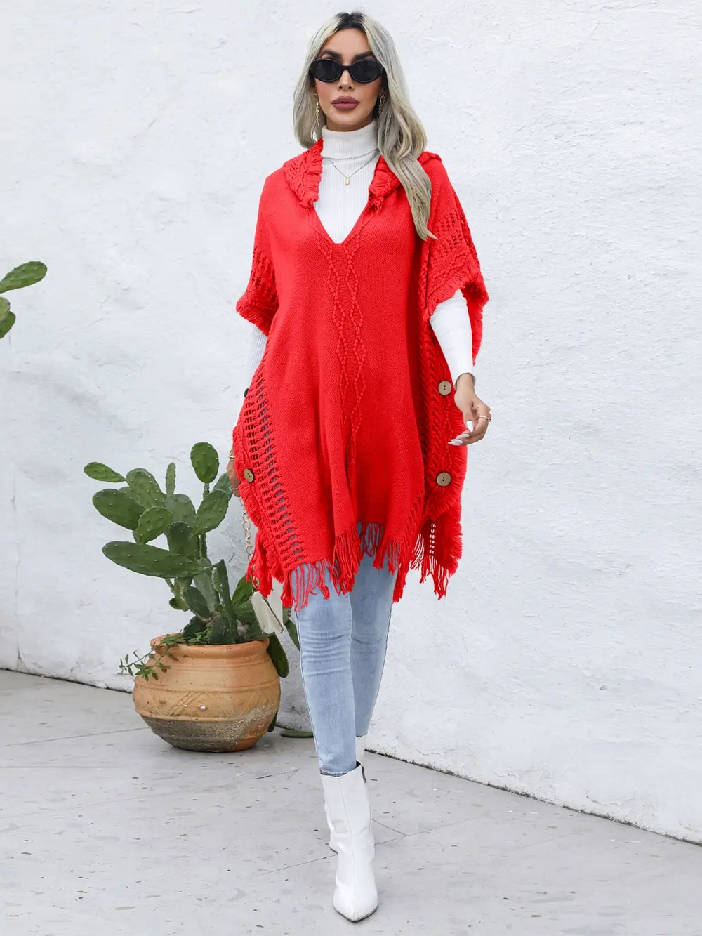 Fringe Trim Buttoned Hooded Poncho, image 13