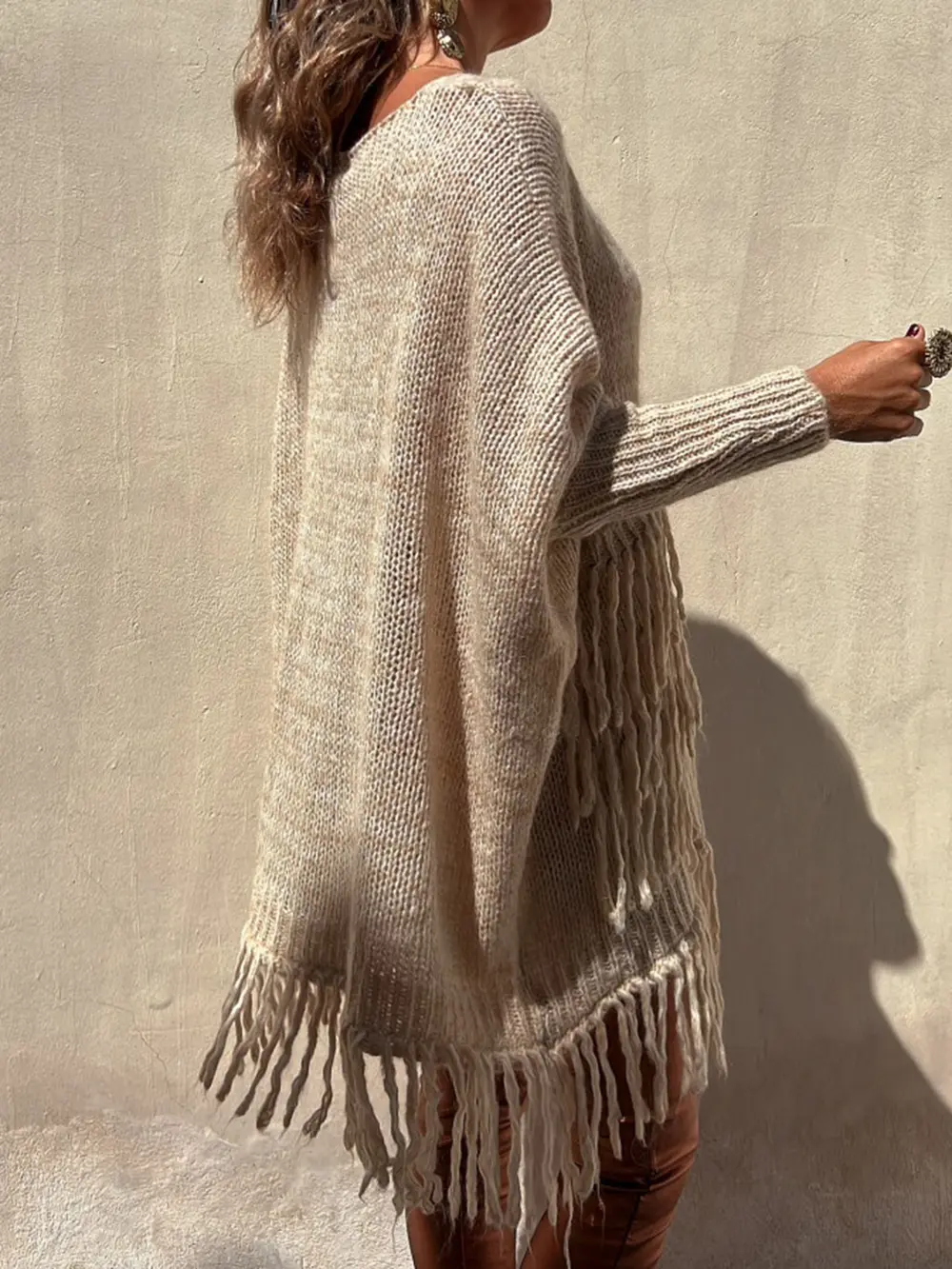 Fringe Detail Long Sleeve Sweater with Pockets, image 2