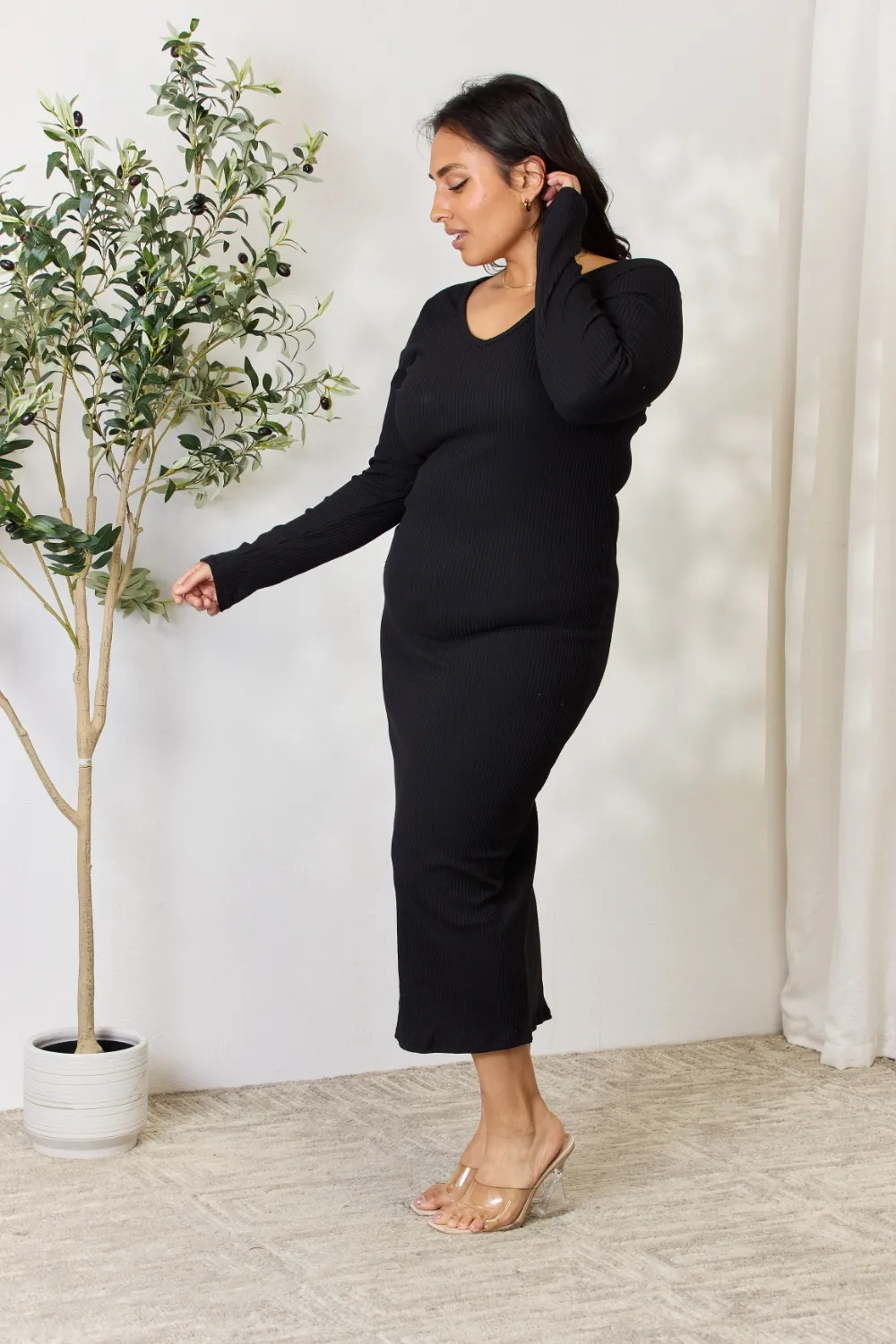 Full Size Ribbed Long Sleeve Midi Slit Dress, image 4