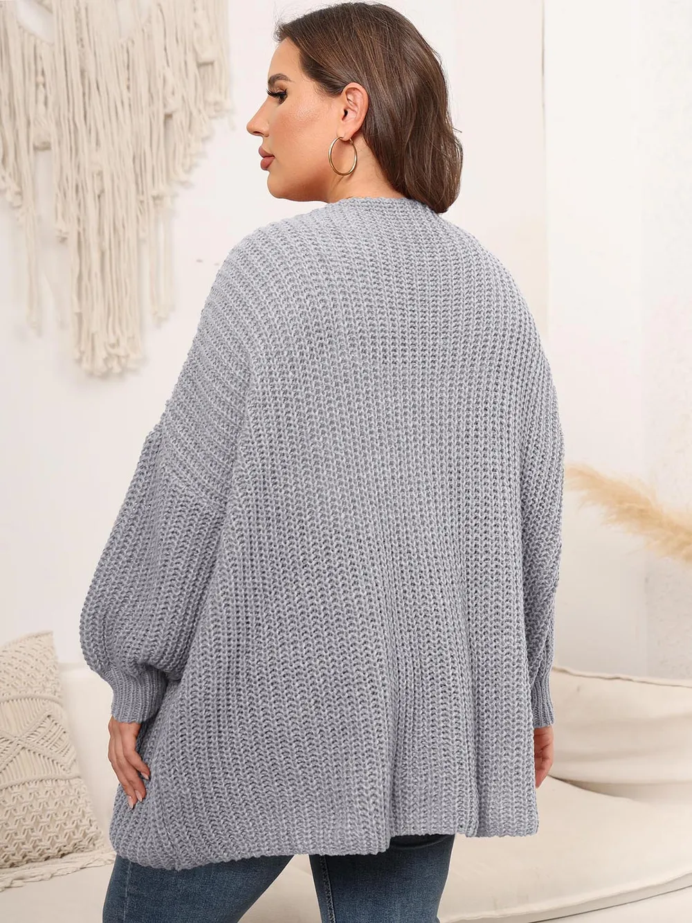 Plus Size Open Front Dropped Shoulder Knit Cardigan, image 5