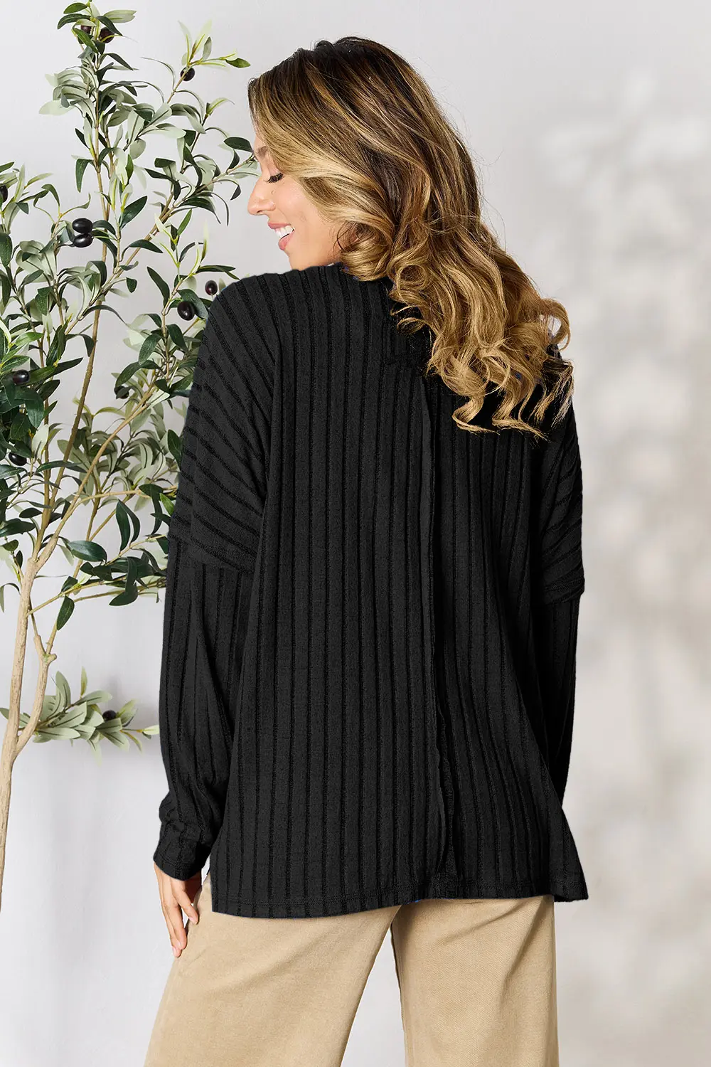 Full Size Ribbed Round Neck Slit Knit Top, image 32