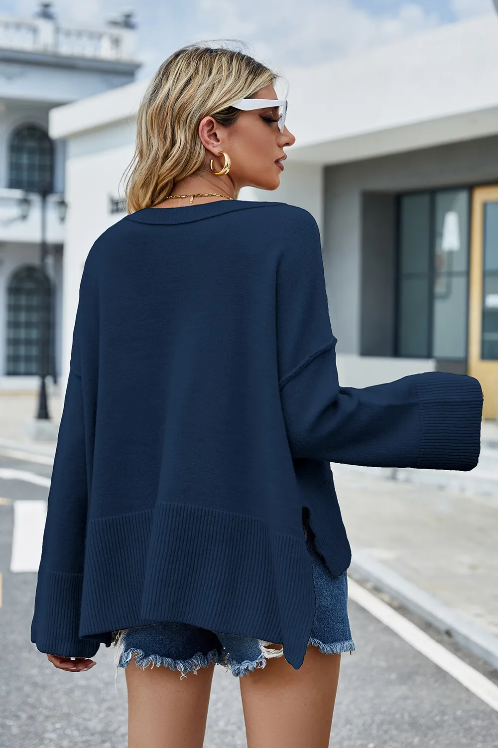 High-Low Slit Round Neck Long Sleeve Sweater, image 20