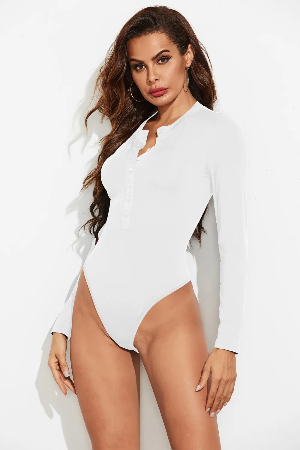 Half Button Round Neck Long Sleeve Bodysuit, image 5