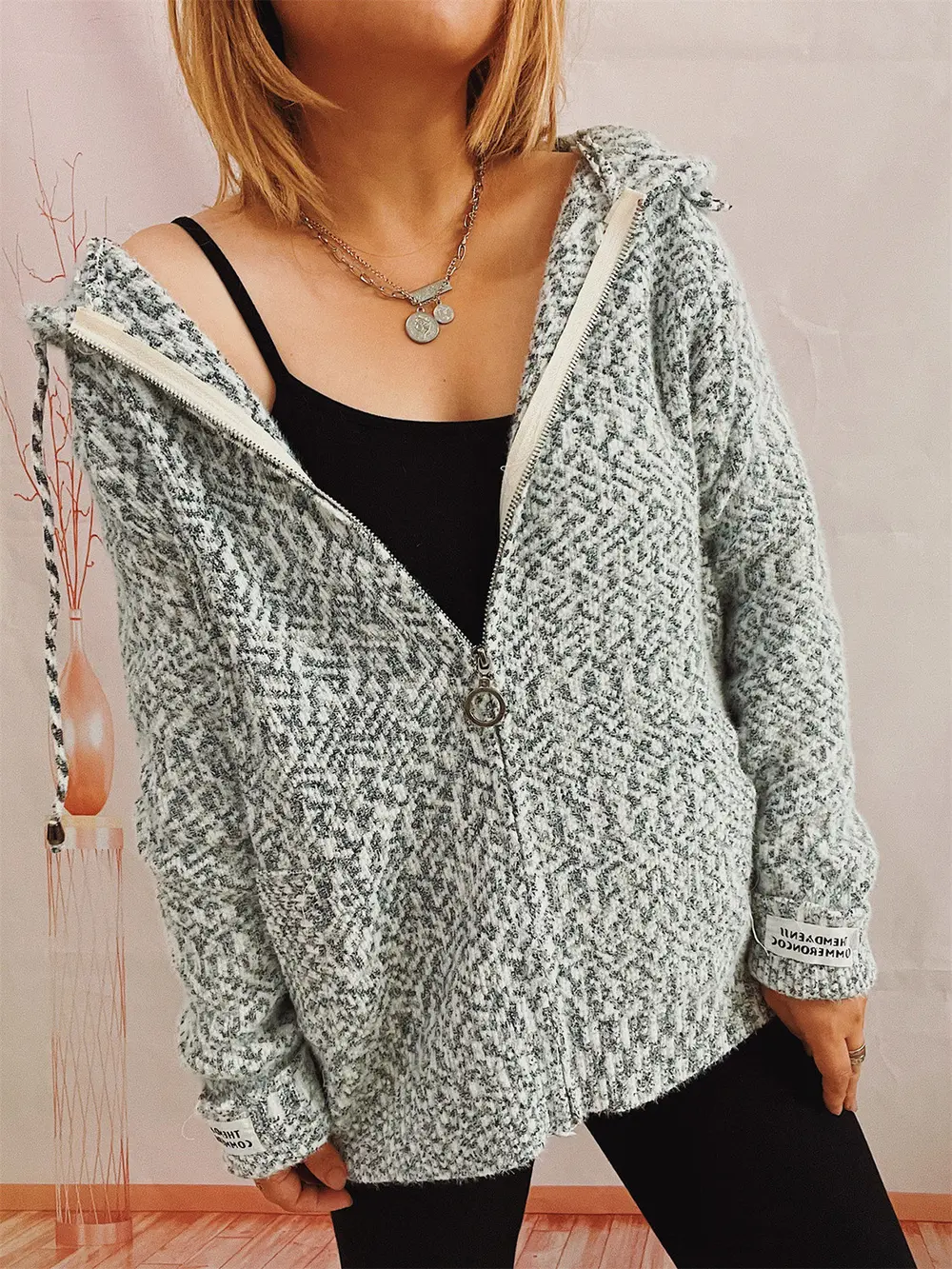 Zip Up Drawstring Long Sleeve Hooded Sweater, image 10