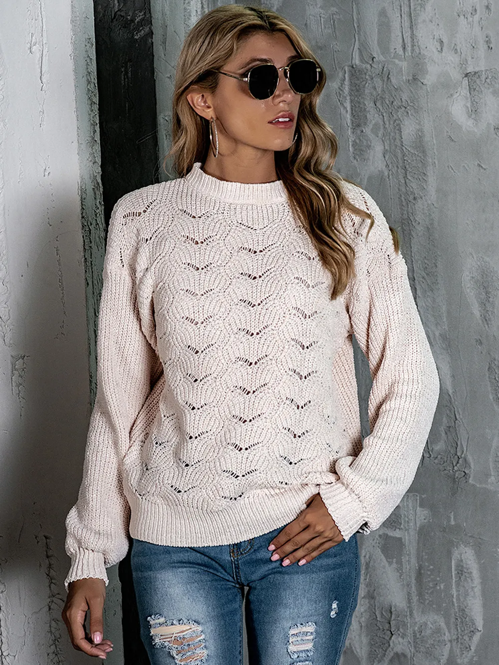 Openwork Mock Neck Long Sleeve Sweater, image 2