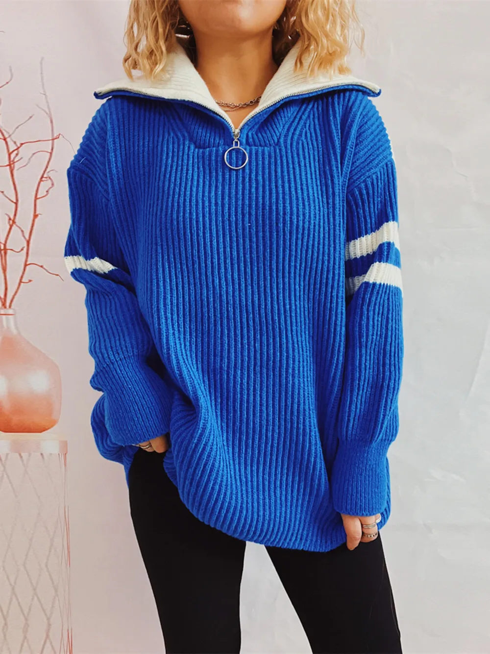 Ribbed Two-Tone Half Zip Sweater, image 2