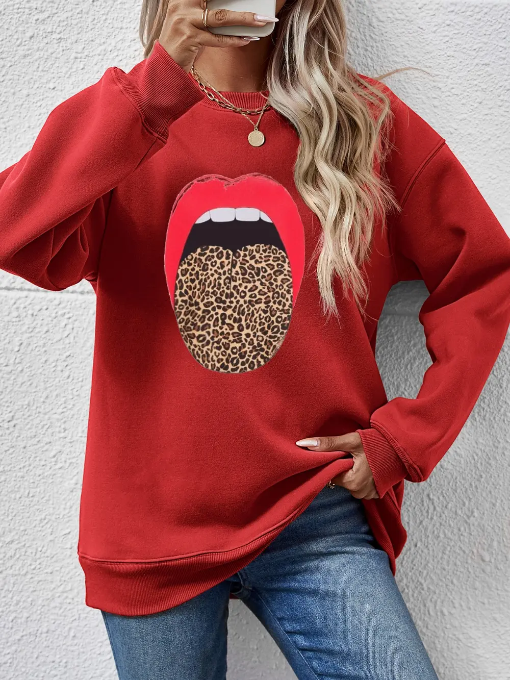 Leopard Lip Graphic Round Neck Sweatshirt, image 5