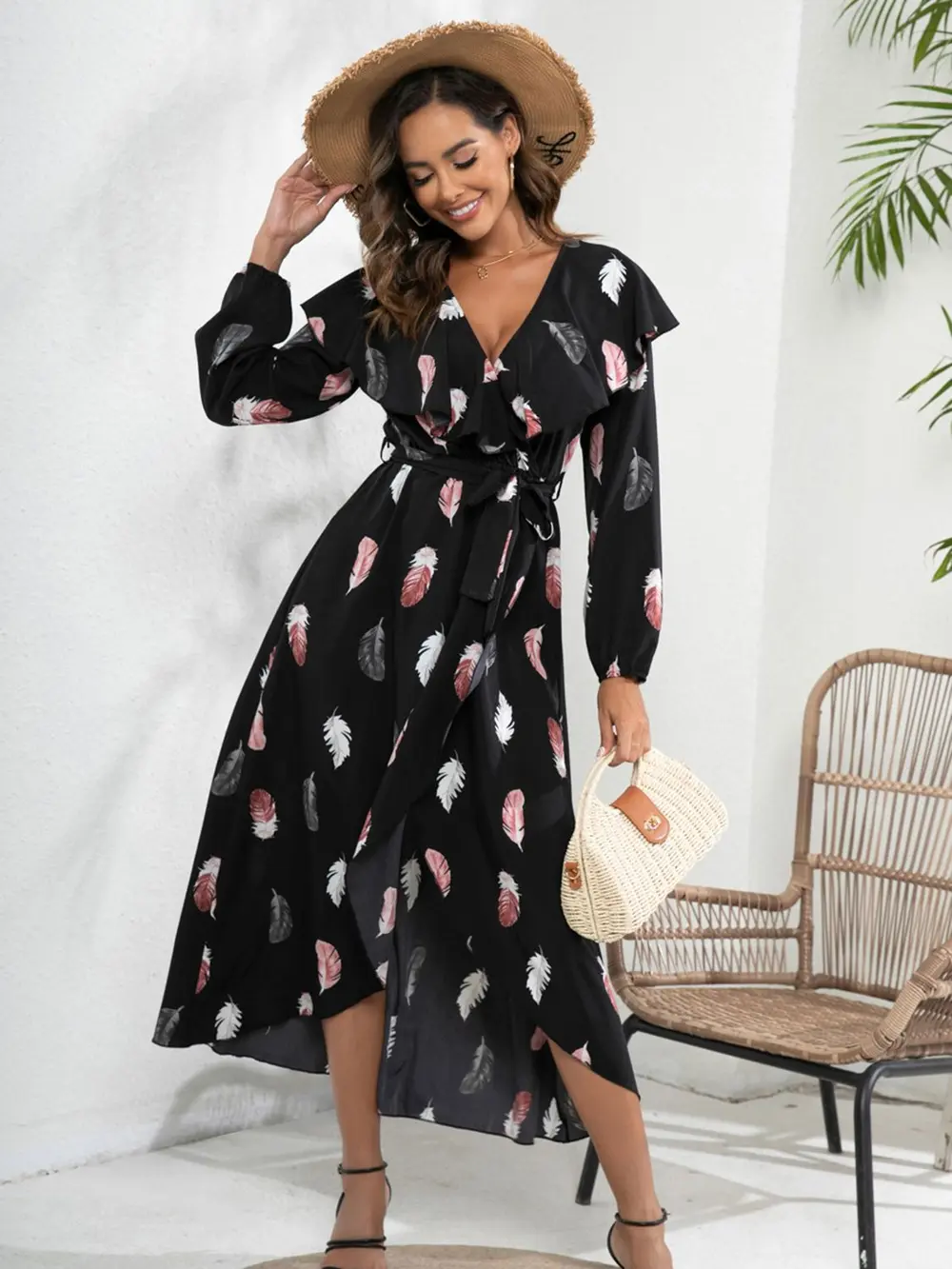 Printed Tie Front Ruffle Trim Long Sleeve Dress, image 4