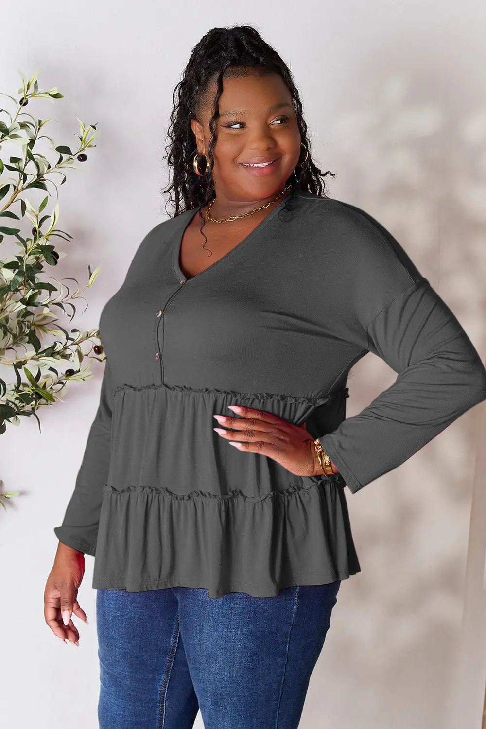 Half Button Long Sleeve Ruffle Hem Blouse, image 32