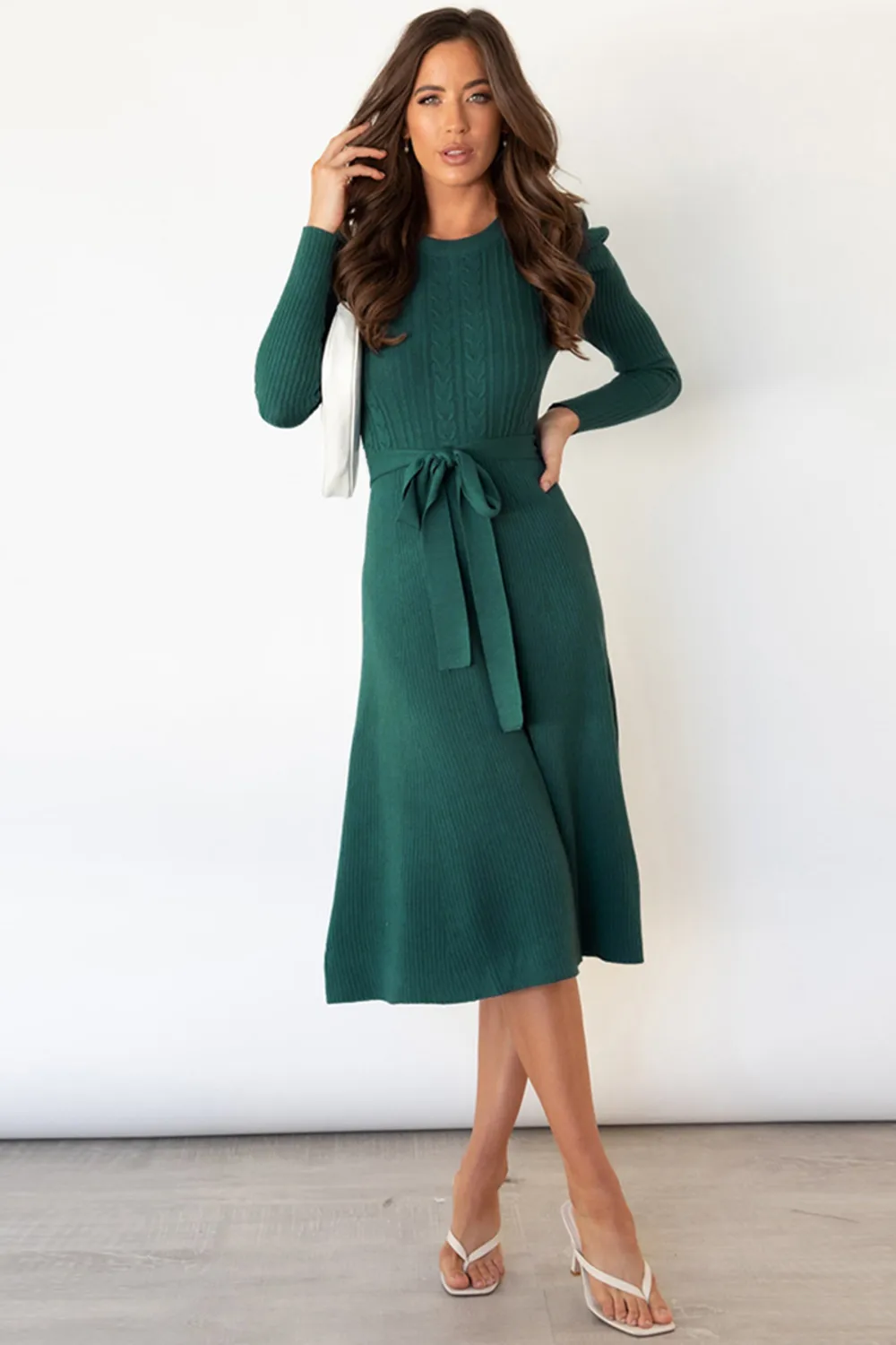 Round Neck Long Sleeve Tie Waist Sweater Dress, image 13