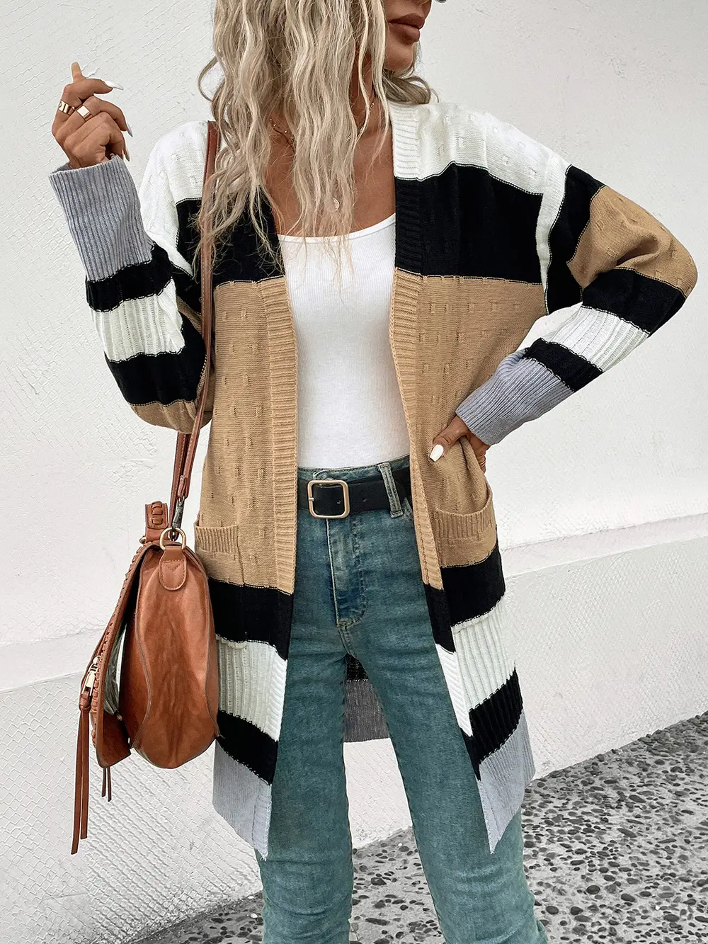 Color Block Open Front Drop Shoulder Cardigan, image 3