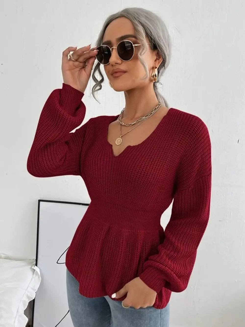 Notched Dropped Shoulder Knit Top, image 4
