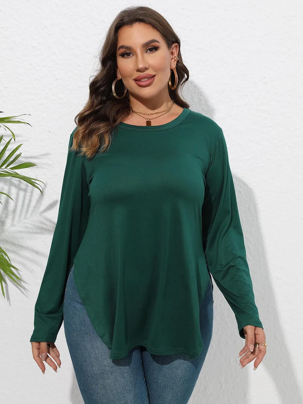 Plus Size Round Neck Long Sleeve Slit T-Shirt, image 11