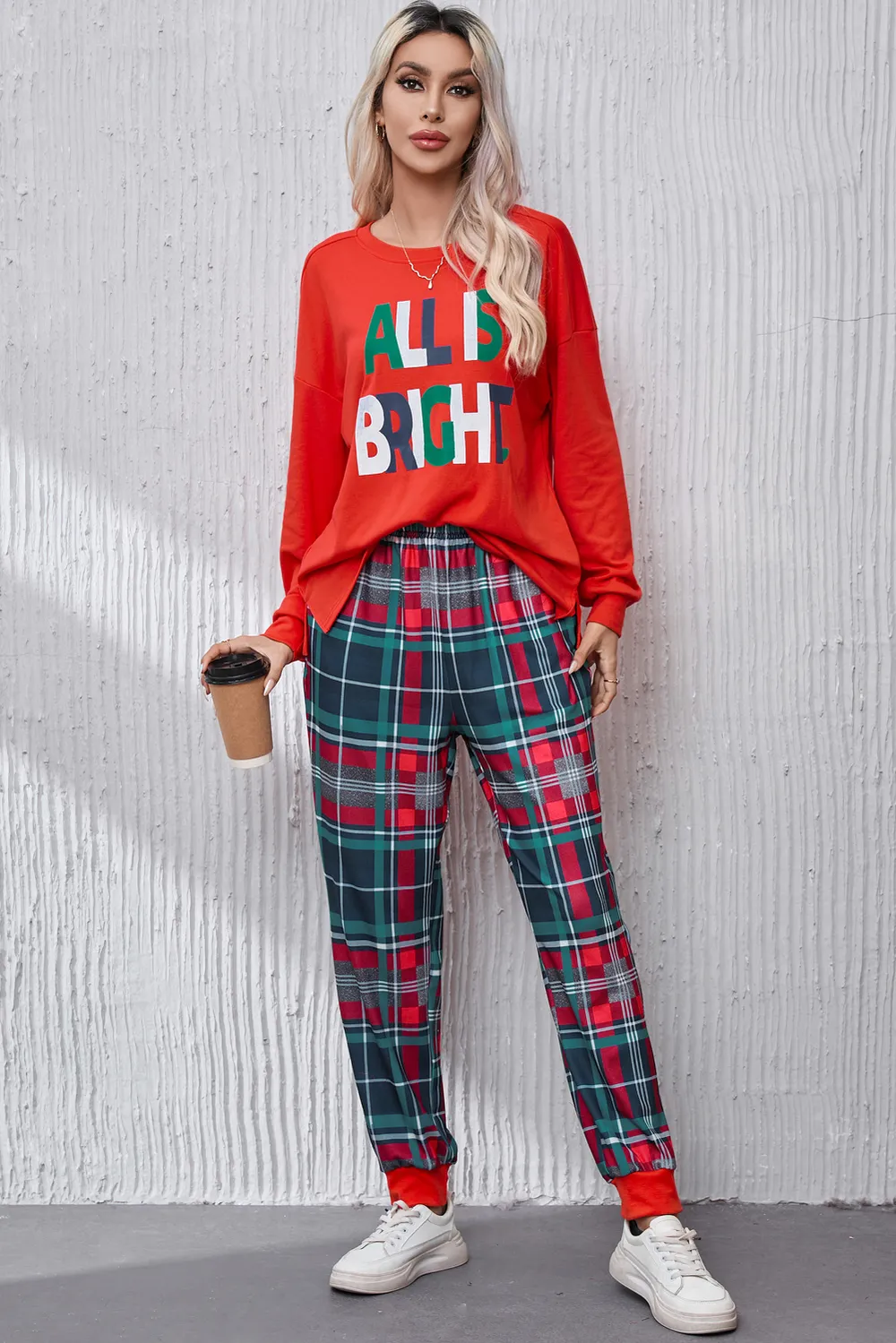 ALL IS BRIGHT Round Neck Top and Plaid Pants Lounge Set, image 5