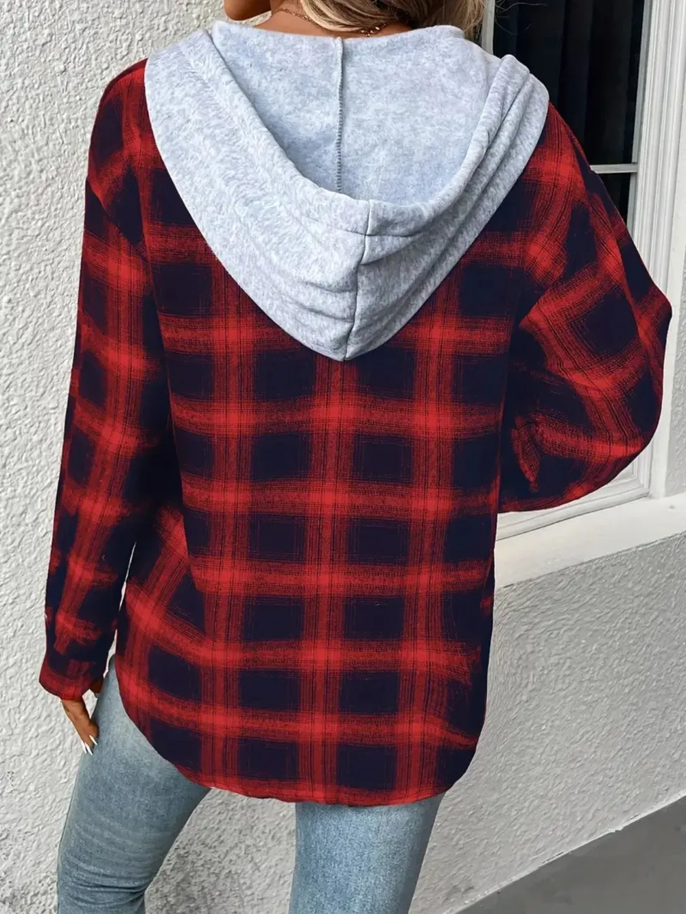 Plaid Drawstring Button Up Hooded Jacket, image 3