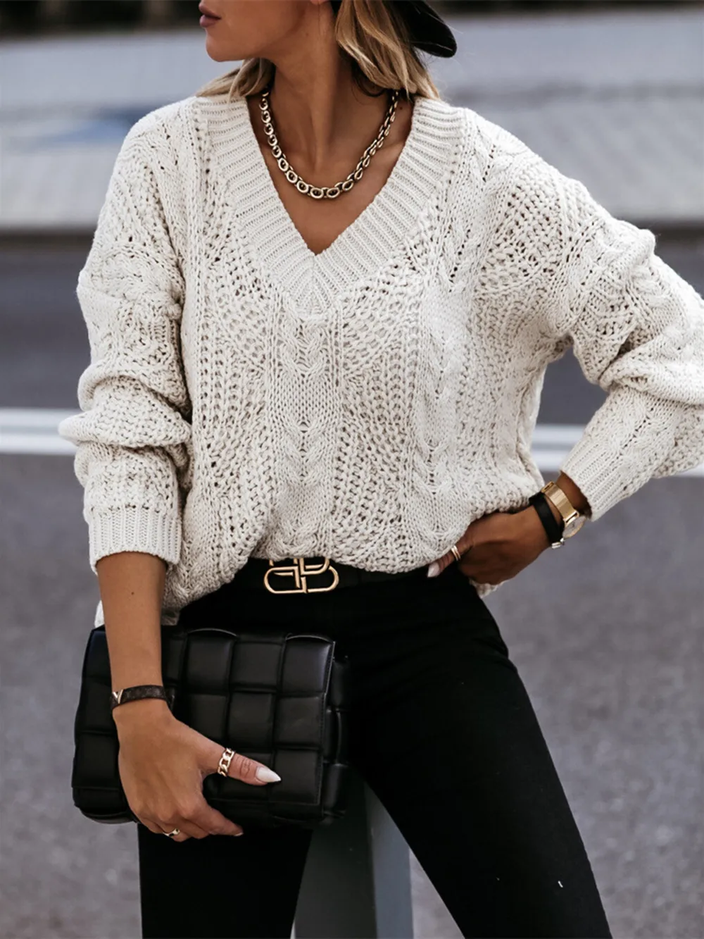 V-Neck Cable-Knit Long Sleeve Sweater, image 2