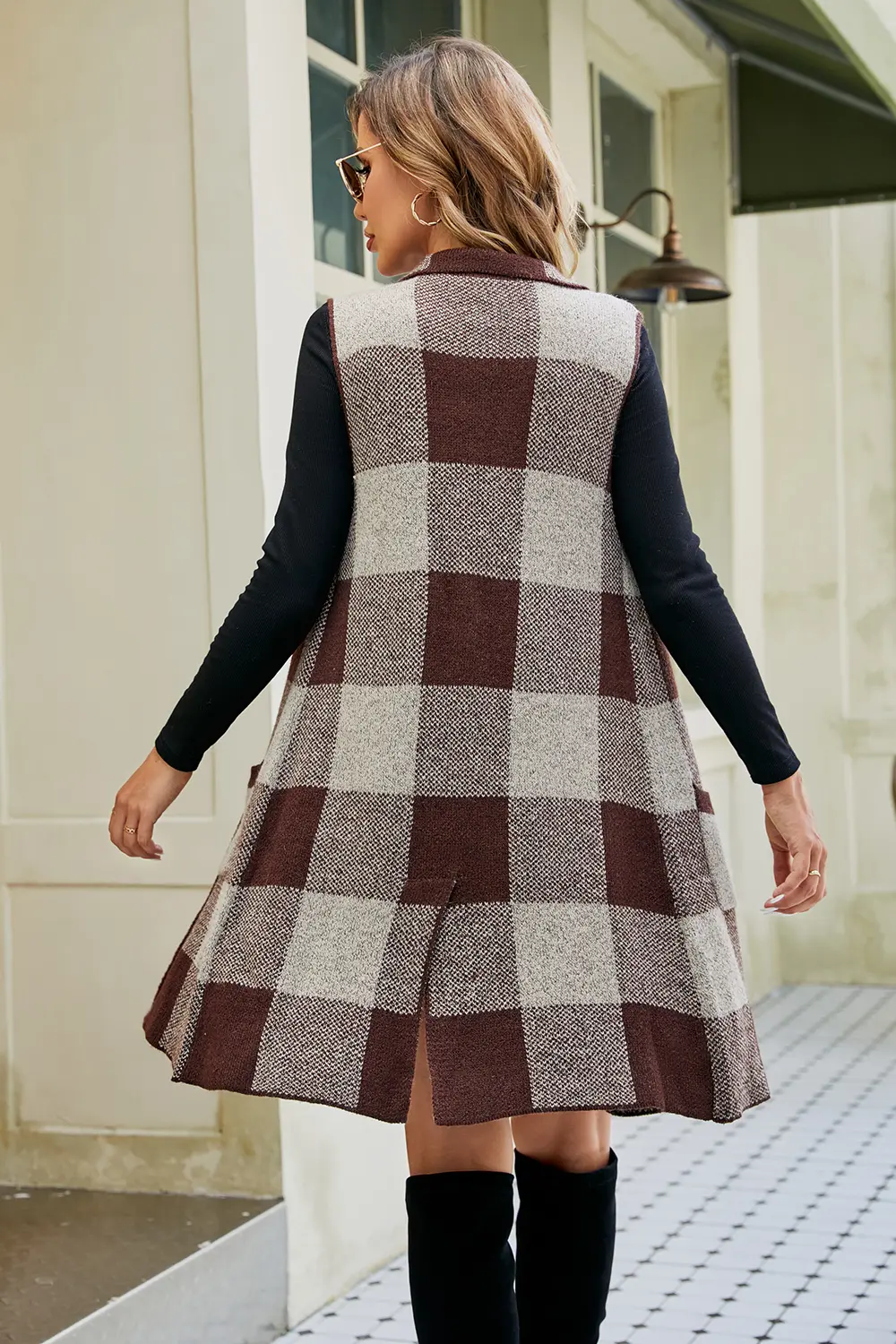 Plaid Open Front Sleeveless Cardigan with Pockets, image 11