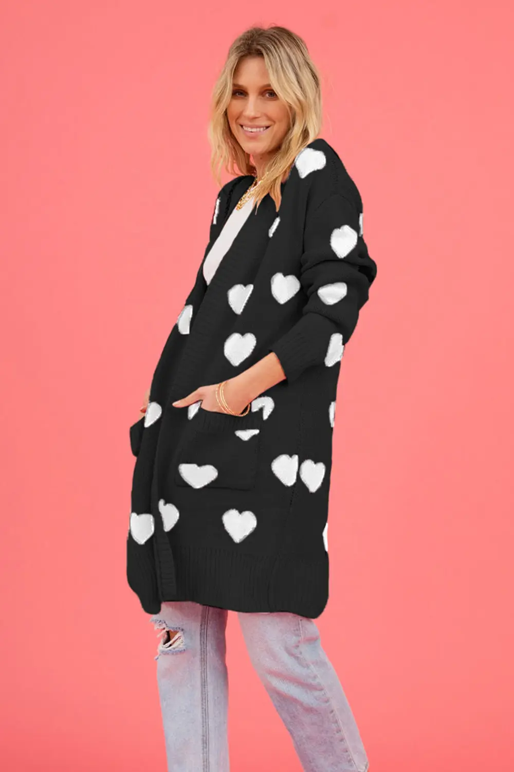 Heart Graphic Open Front Cardigan with Pockets, image 14