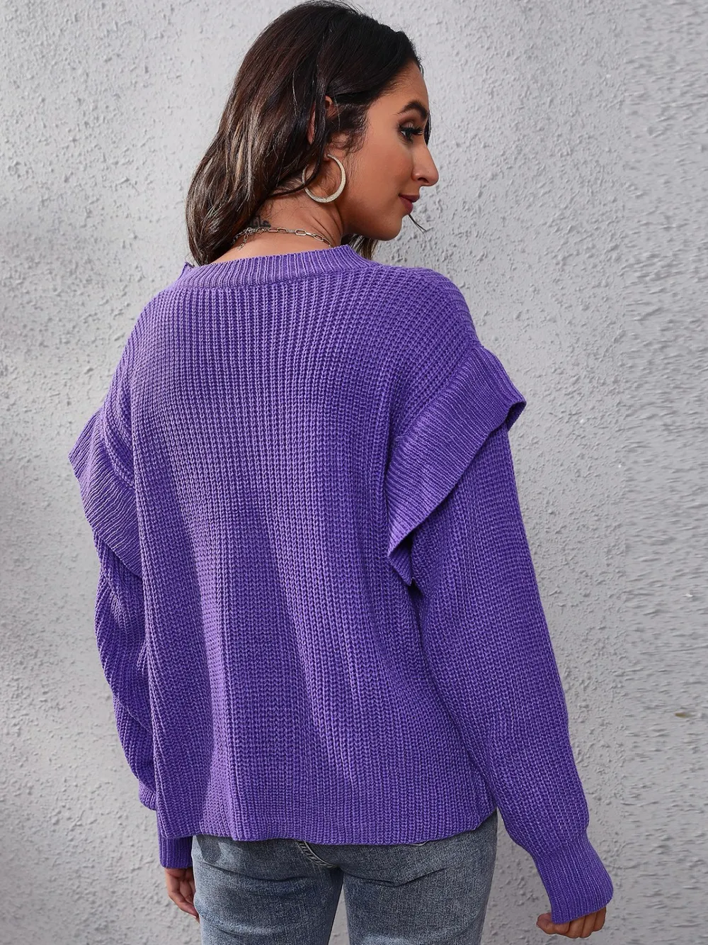 Ruffled Round Neck Dropped Shoulder Sweater, image 3