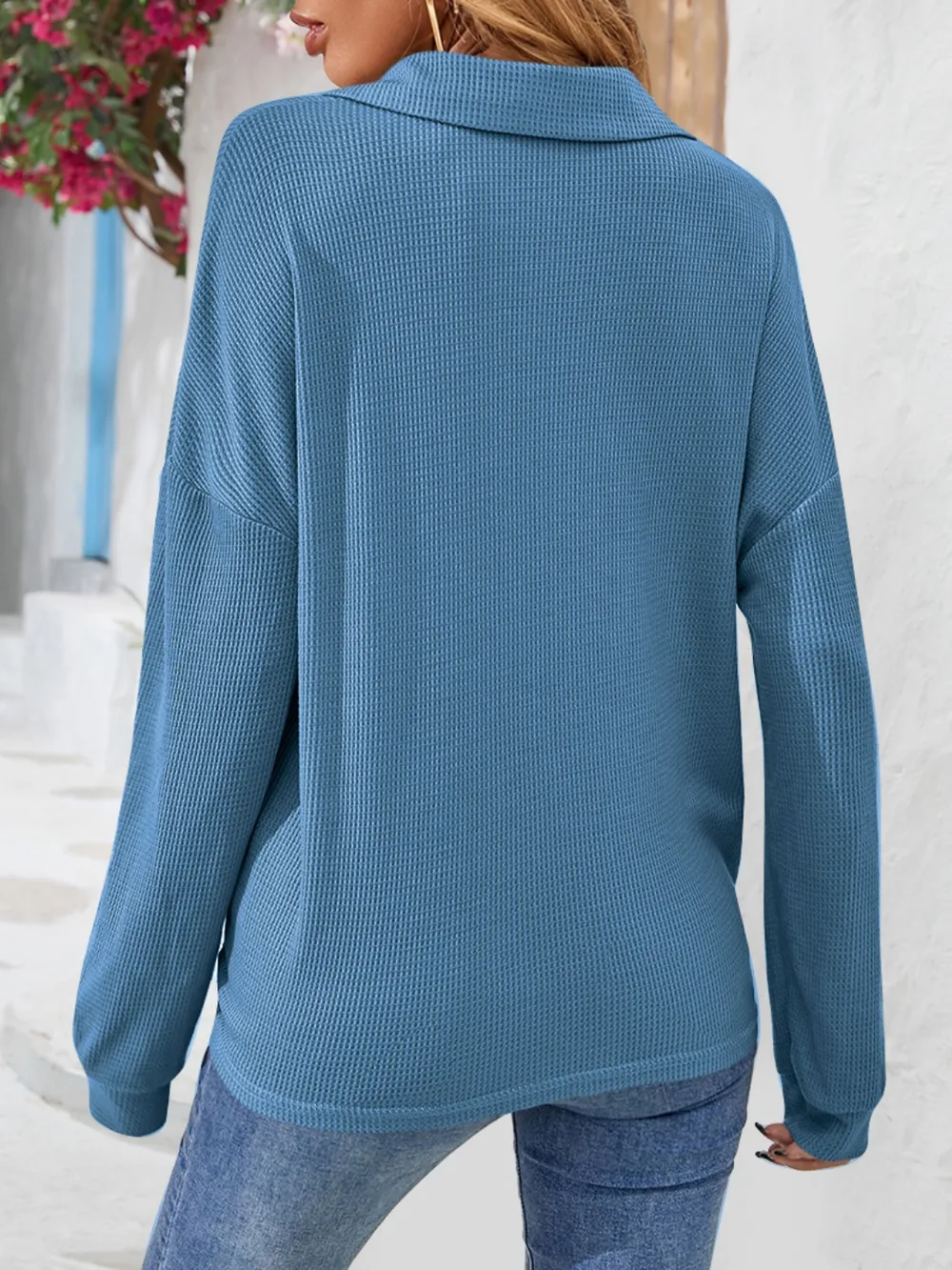Half Button Collared Neck Long Sleeve Top, image 12
