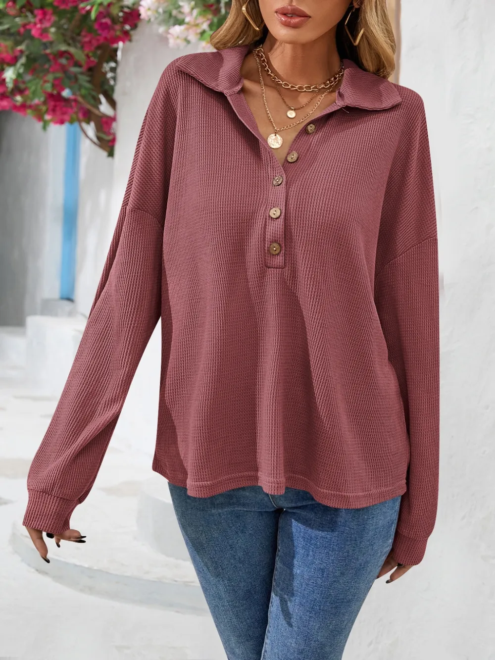 Half Button Collared Neck Long Sleeve Top, image 3