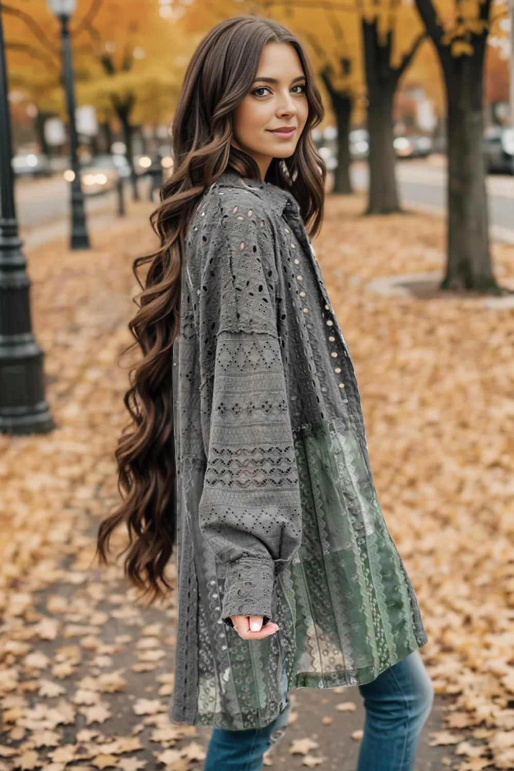 Openwork Button Up Long Sleeve Shacket, image 3