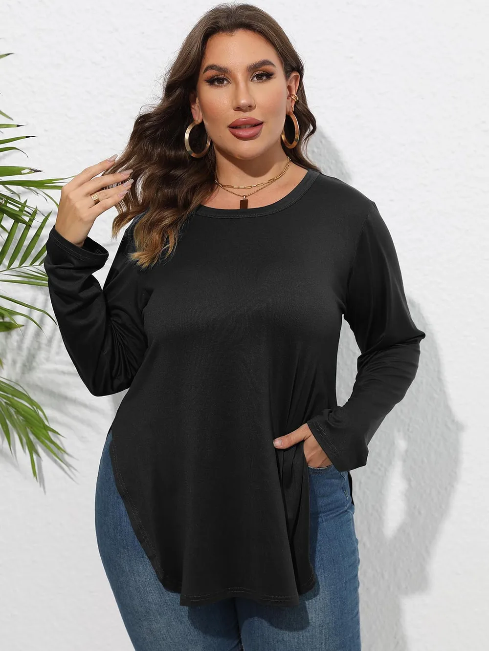 Plus Size Round Neck Long Sleeve Slit T-Shirt, image 6