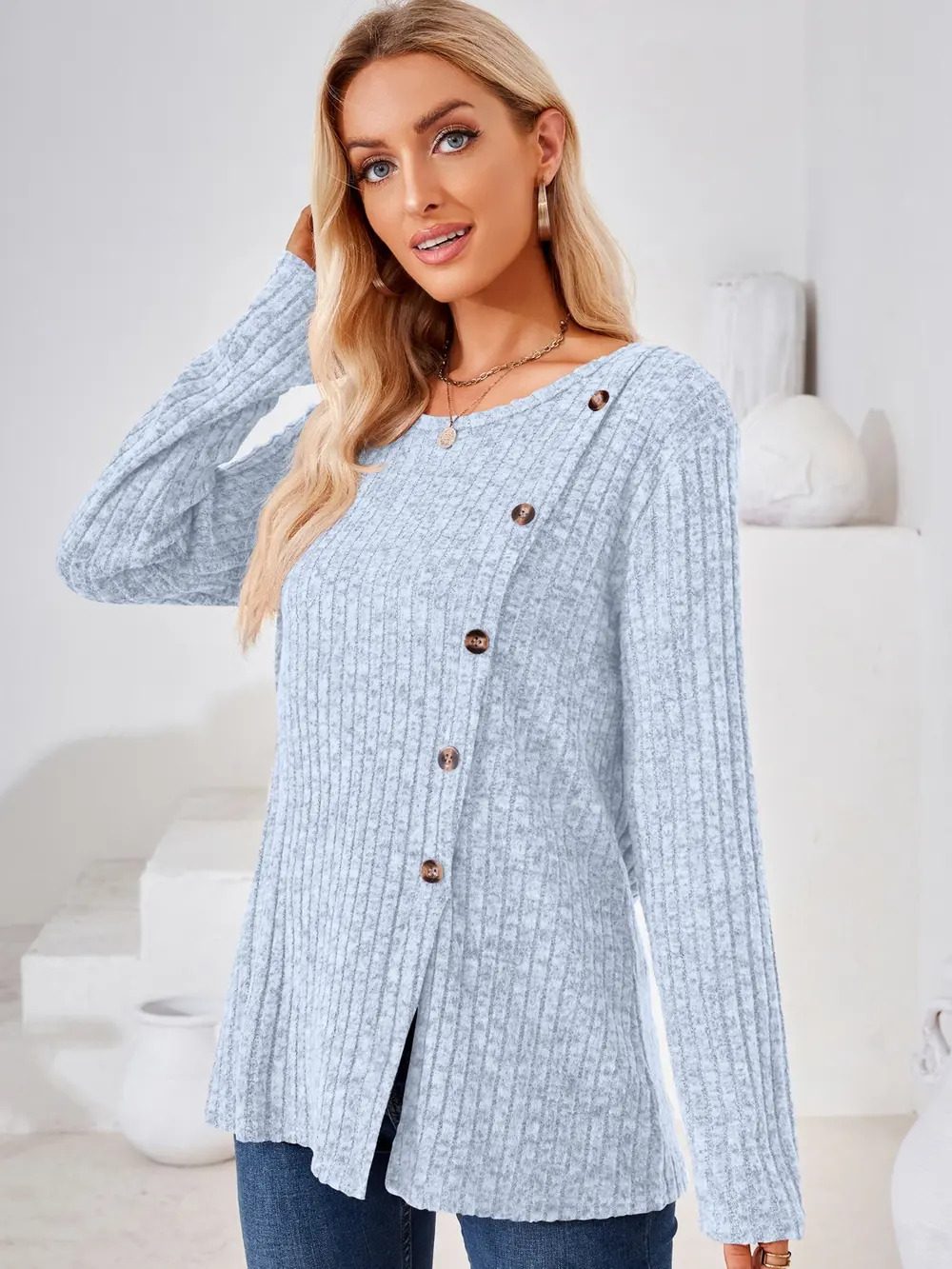 Ribbed Buttoned Round Neck Slit T-Shirt, image 18