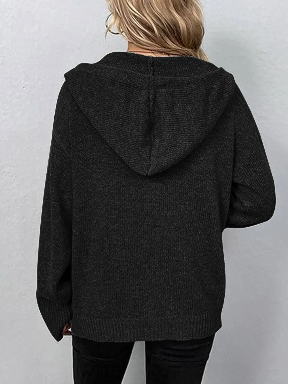 Button Up Drawstring Long Sleeve Hooded Cardigan, image 7