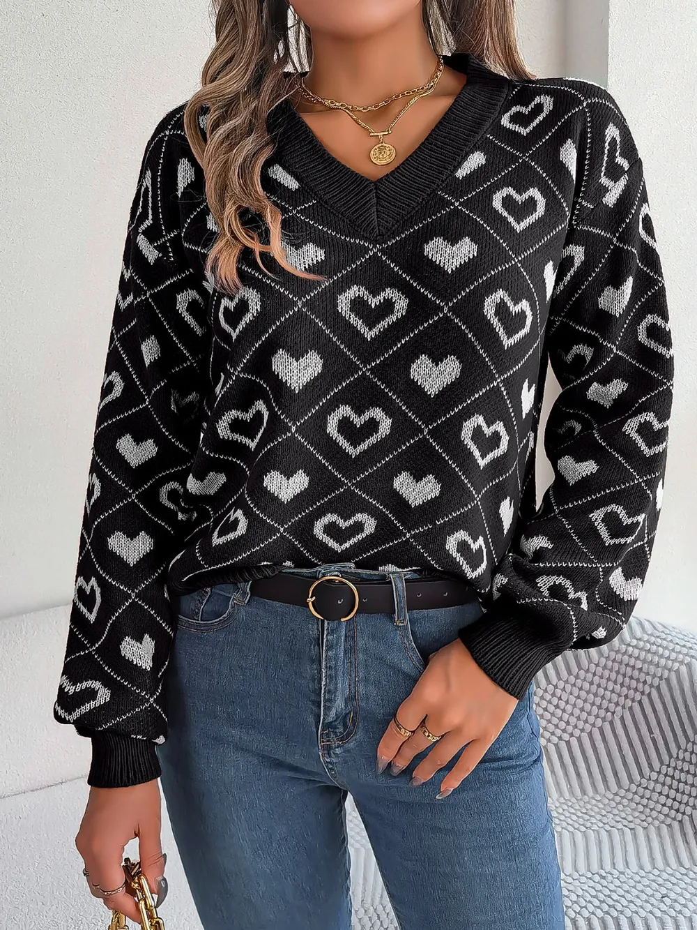 Heart Pattern V-Neck Long Sleeve Sweater, image 11