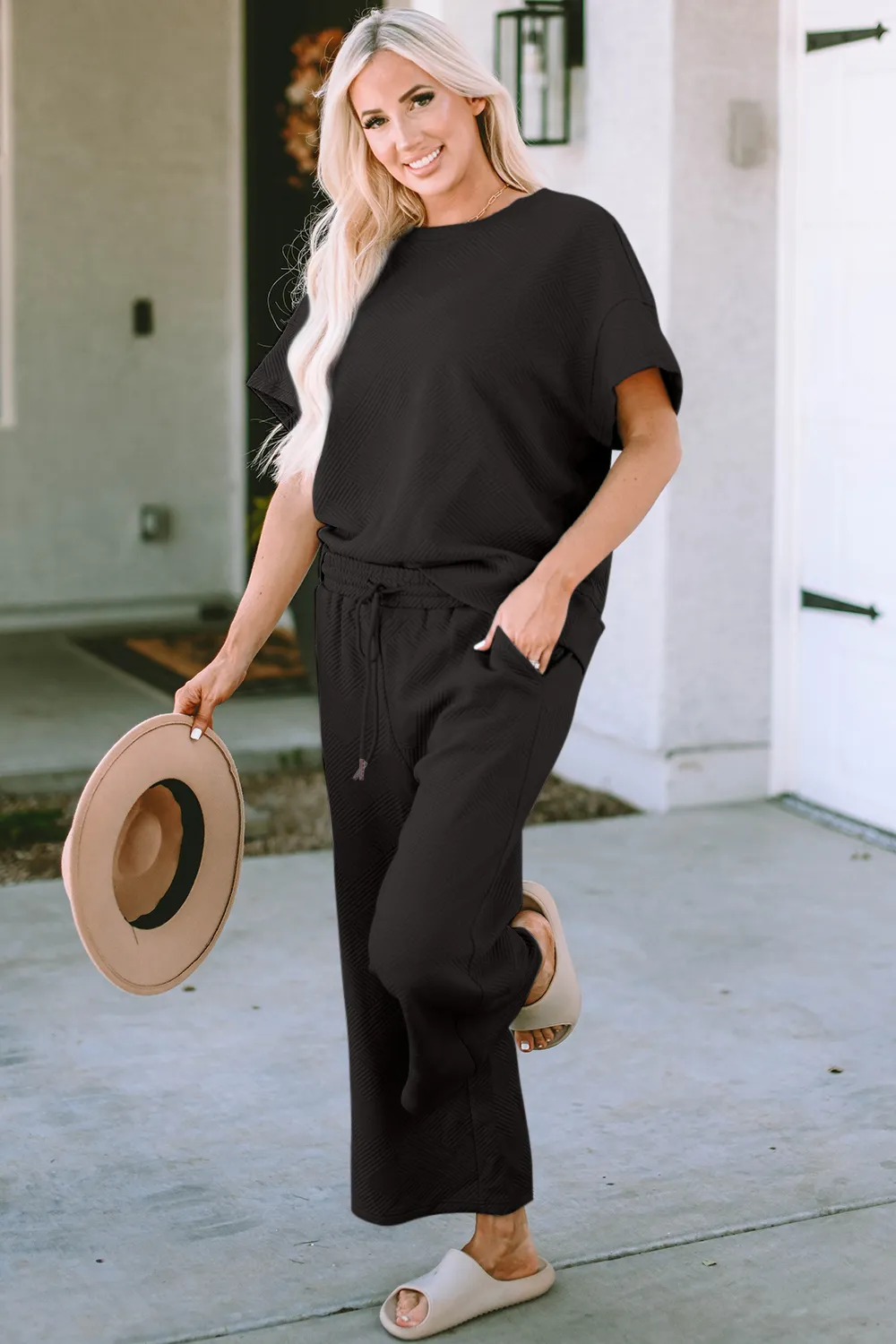 Full Size Texture Short Sleeve Top and Pants Set, image 9
