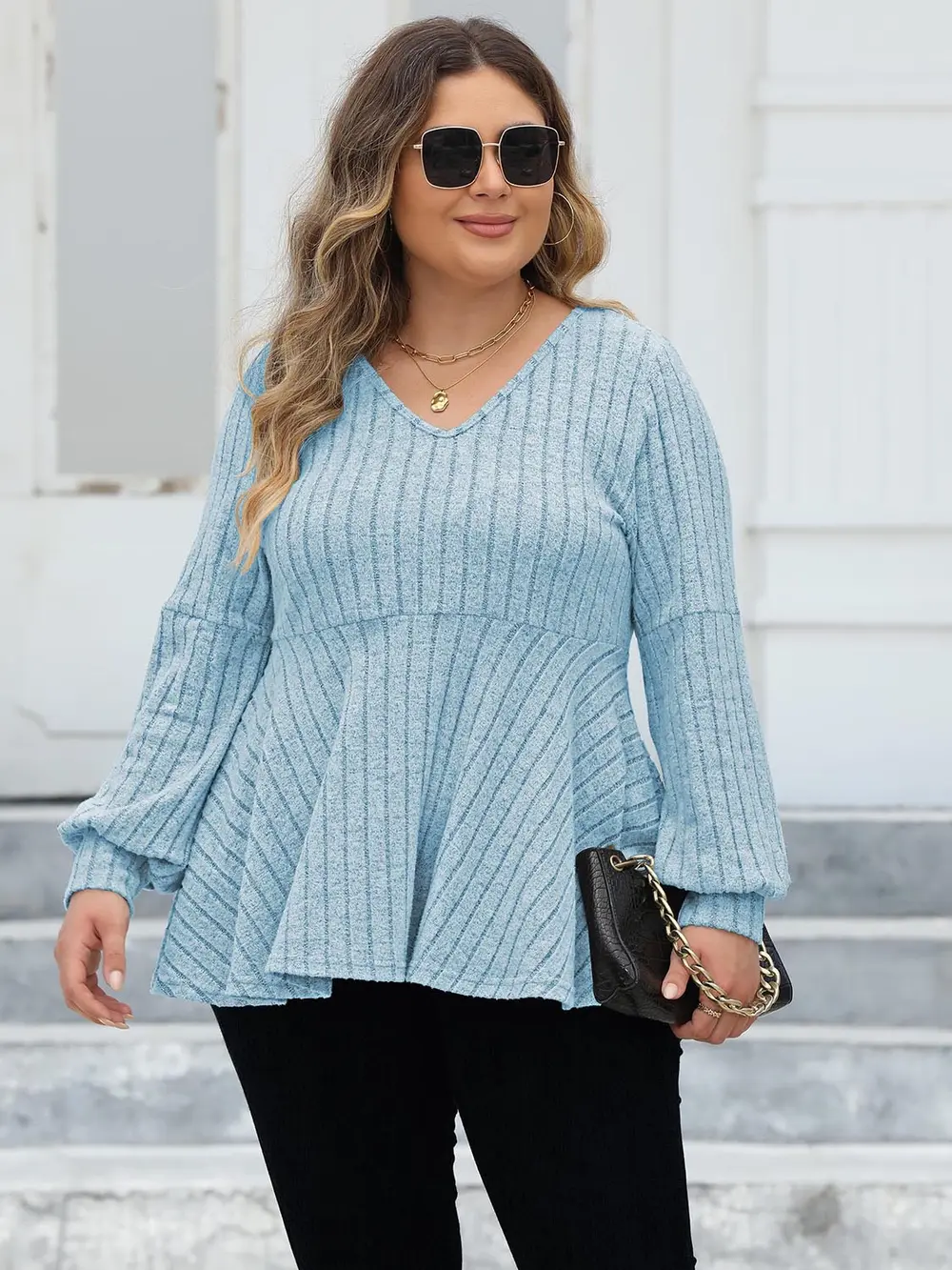 Plus Size Ribbed V-Neck Long Sleeve Blouse, image 4