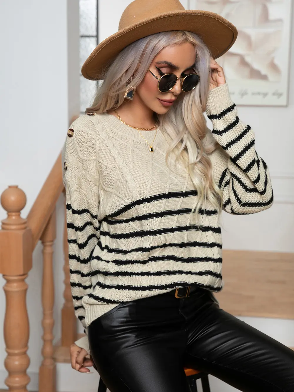 Striped Round Neck Cable-Knit Sweater, image 4