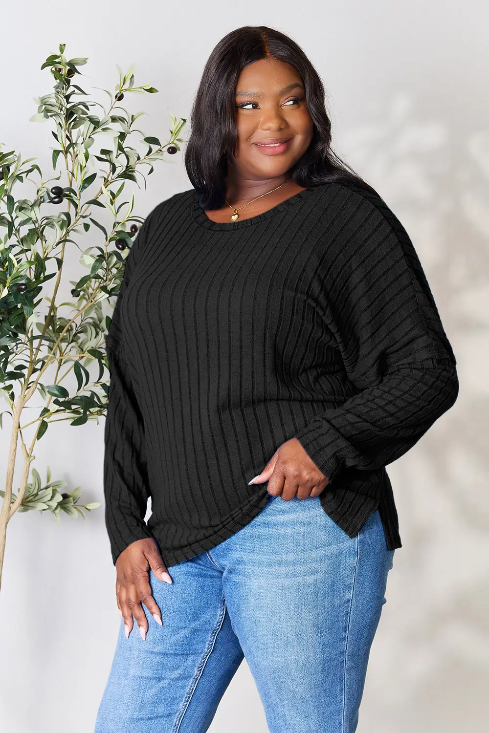 Full Size Ribbed Round Neck Slit Knit Top, image 33