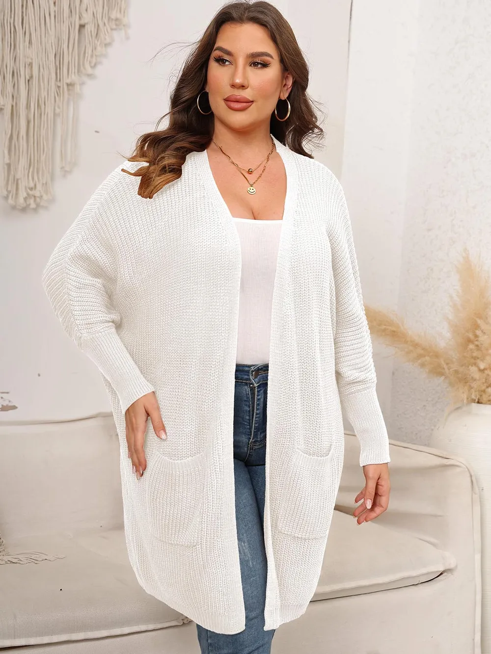Plus Size Open Front Cardigan With Pockets, image 9