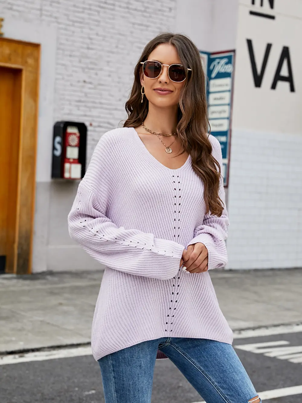 Openwork Dropped Shoulder Long Sleeve Sweater, image 6