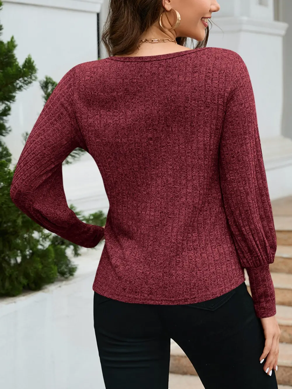 Ribbed Round Neck Lantern Sleeve Knit Top, image 12