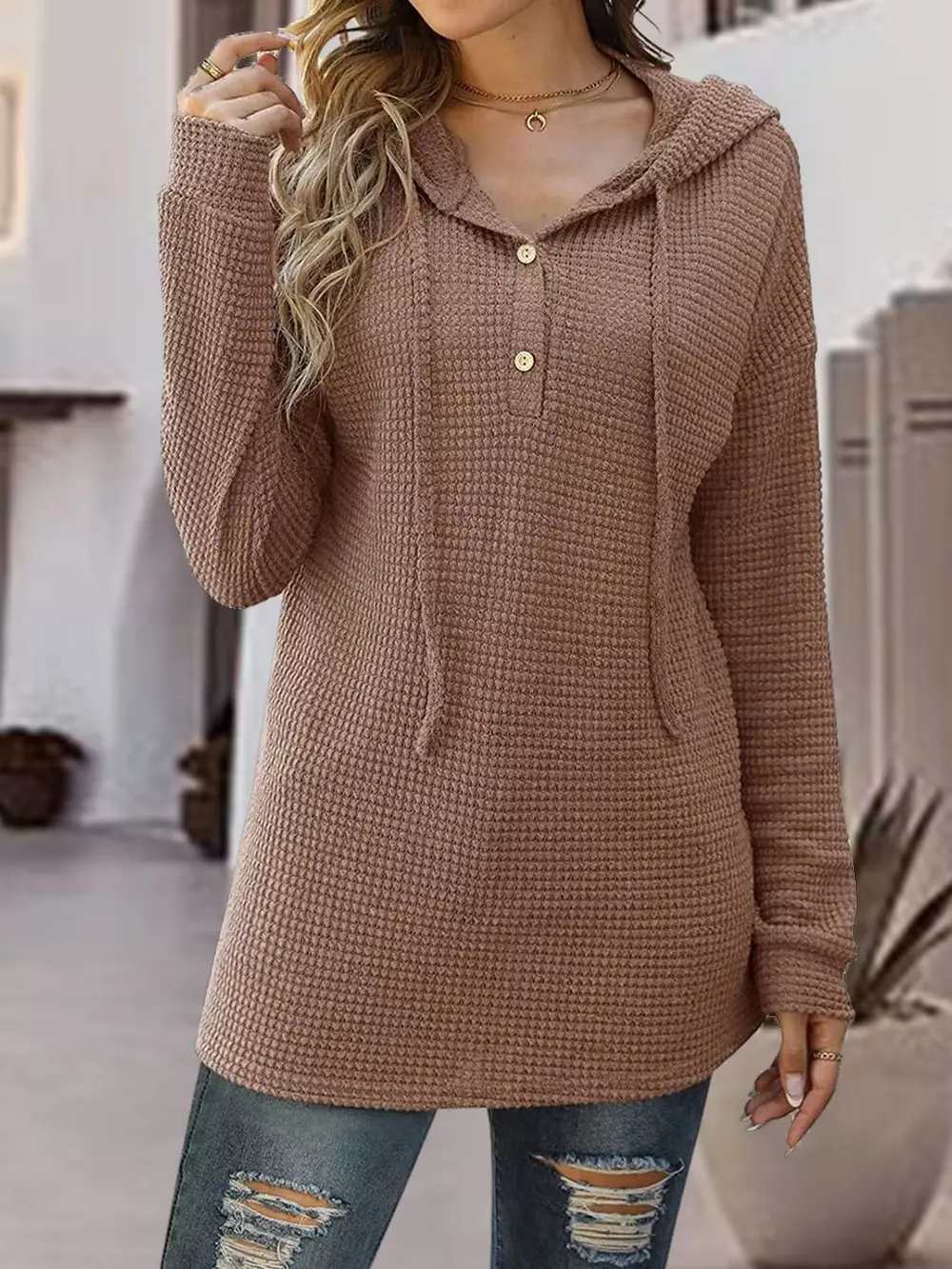 Half Button Up Drawstring Hoodie, image 15