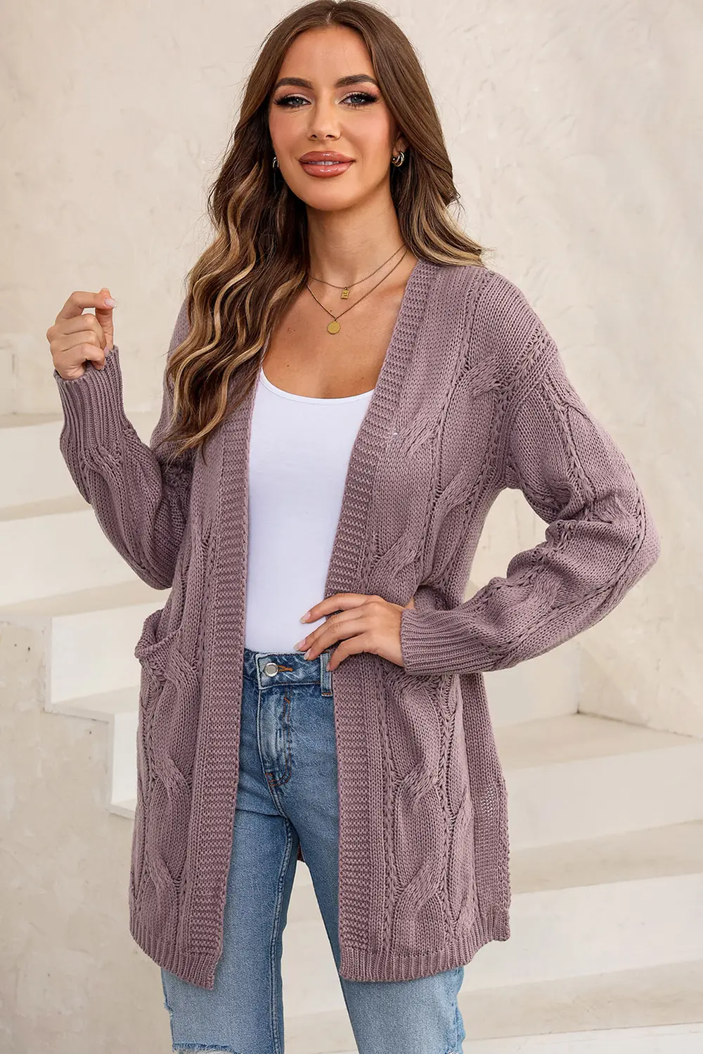 Cable-Knit Dropped Shoulder Slit Cardigan, image 11