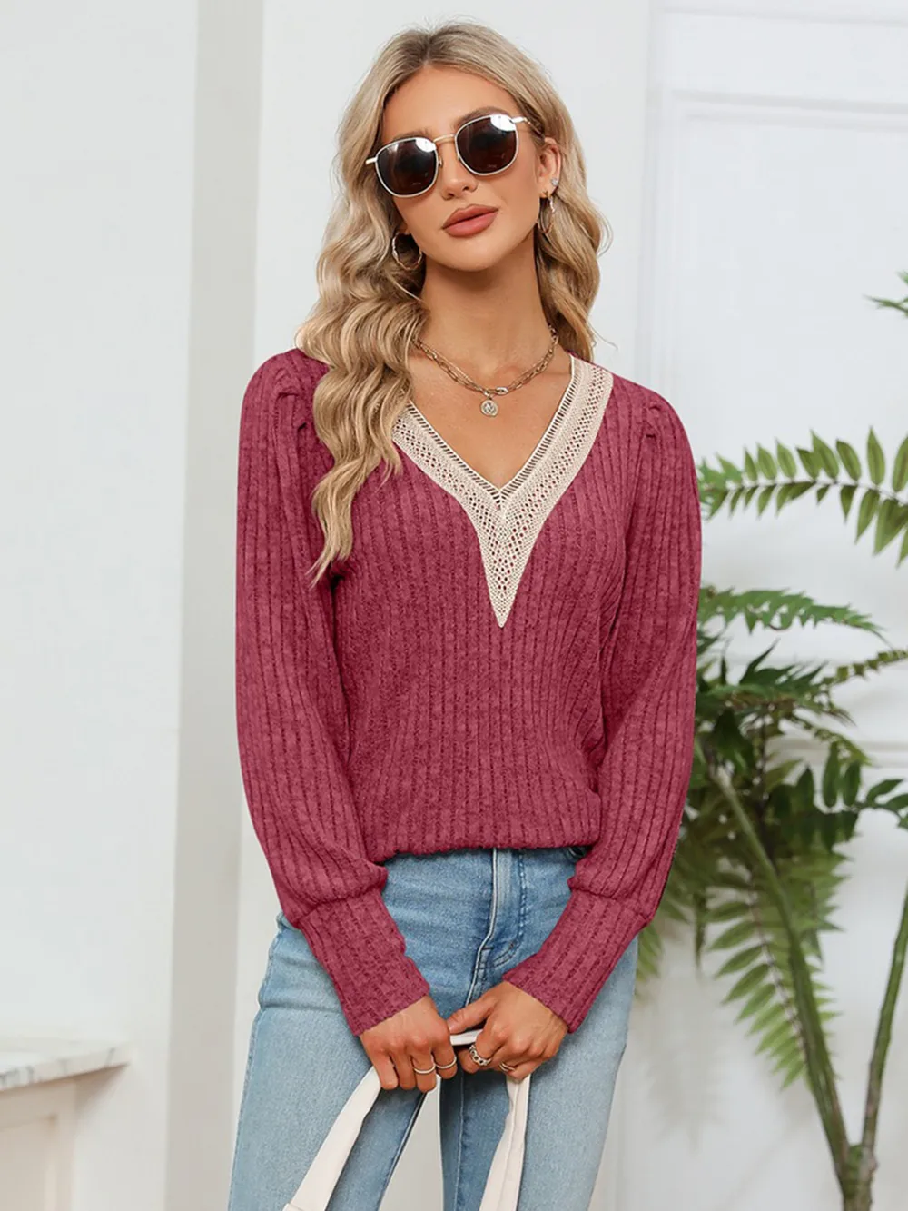 Lace Detail V-Neck Ribbed Blouse, image 8