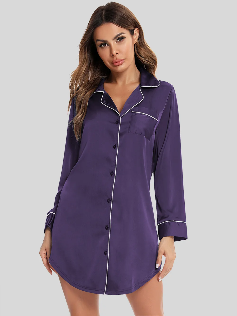 Button Up Lapel Collar Night Dress with Pocket, image 7