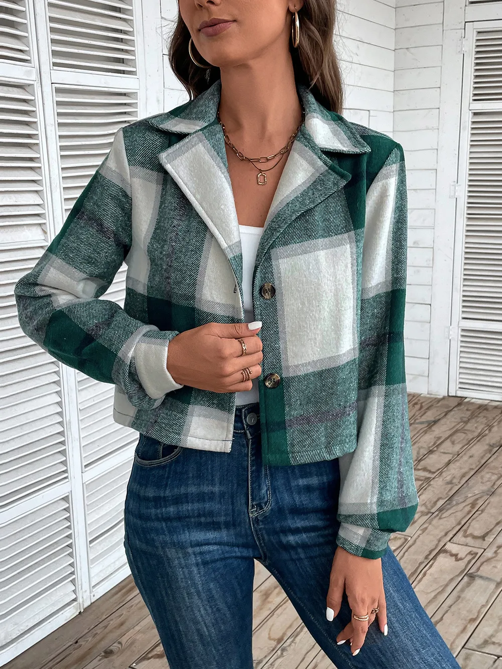 Plaid Collared Neck Button Up Long Sleeve Jacket, image 5