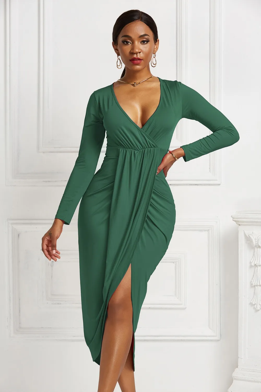 High-low Ruched Surplice Long Sleeve Dress, image 32