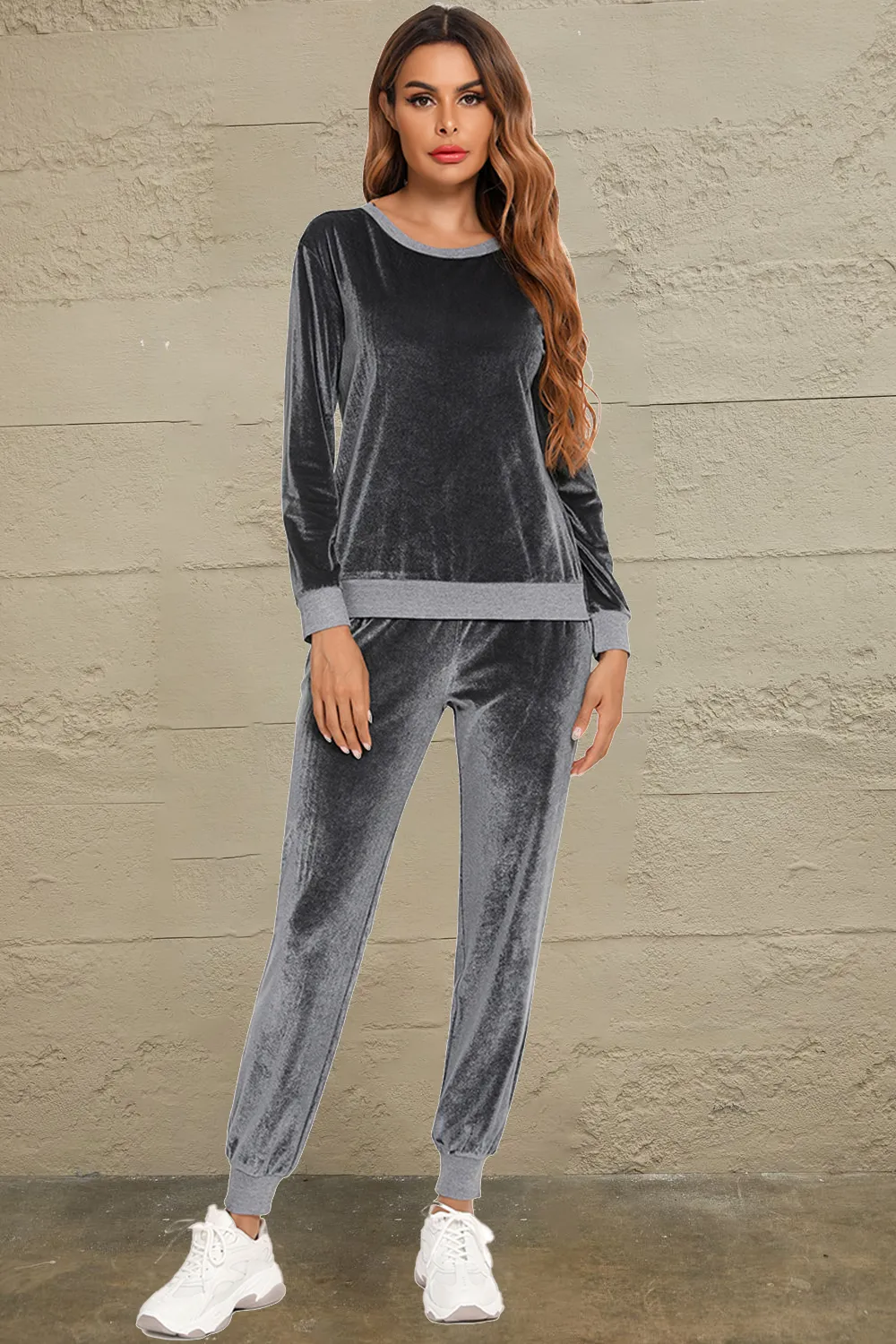 Round Neck Long Sleeve Loungewear Set with Pockets, image 2