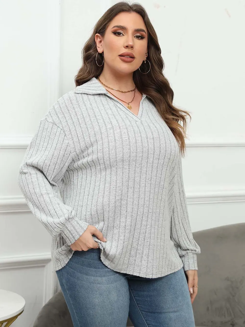 Plus Size Ribbed Collared Neck Long Sleeve Blouse, image 13