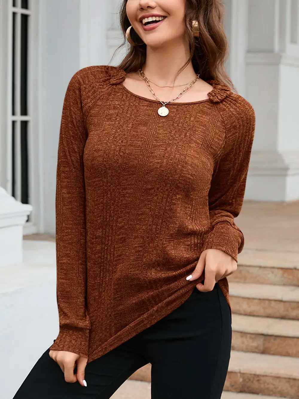Texture Round Neck Long Sleeve Knit Top, image 4