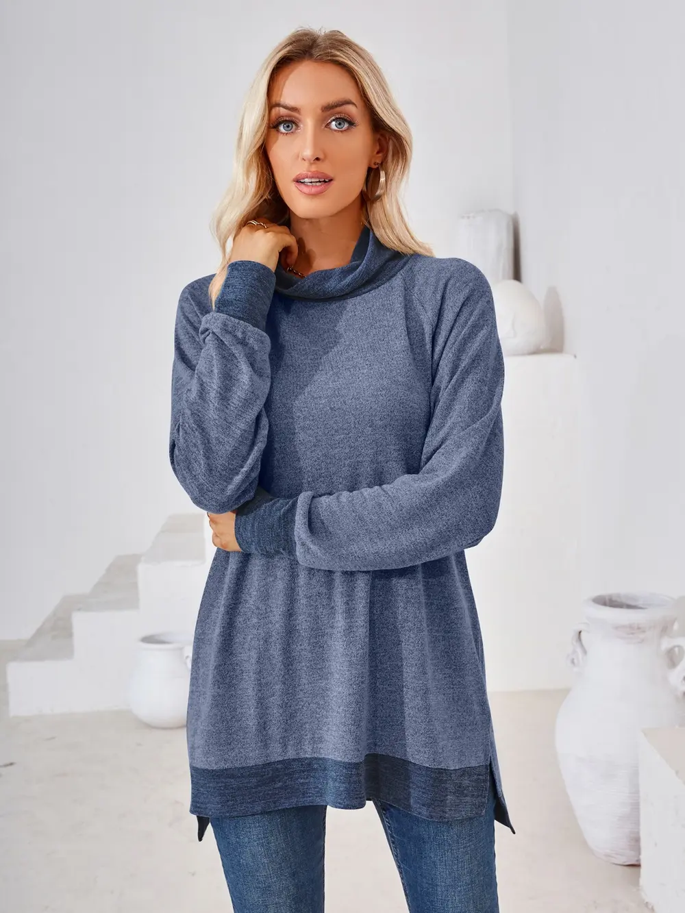 Contrast Mock Neck Long Sleeve T-Shirt, image 4