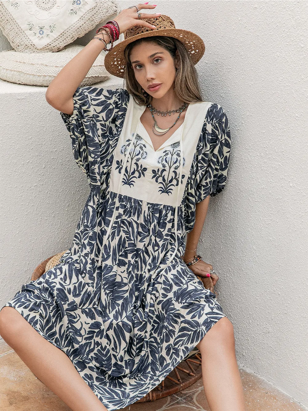 Printed Tie Neck Midi Dress, image 10