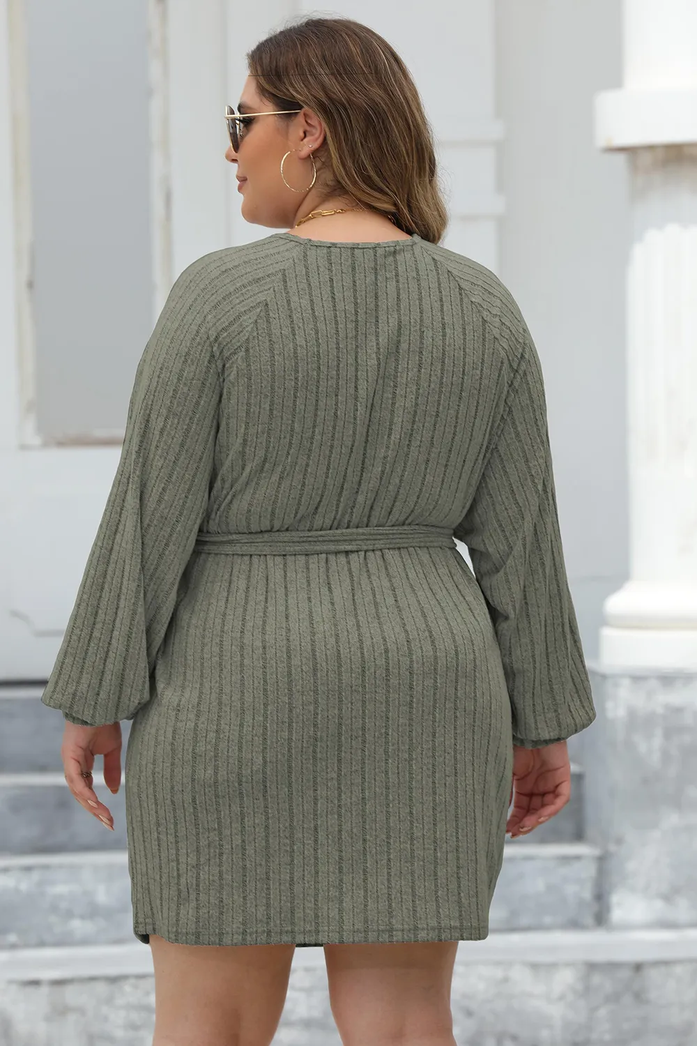 Plus Size Ribbed Tie Front Long Sleeve Sweater Dress, image 7