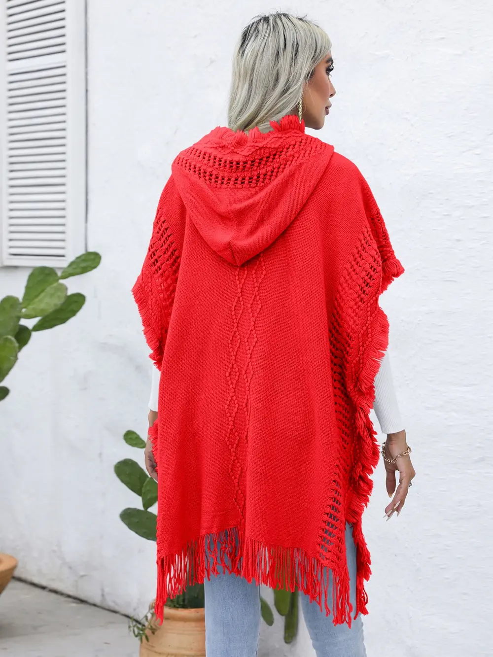 Fringe Trim Buttoned Hooded Poncho, image 15